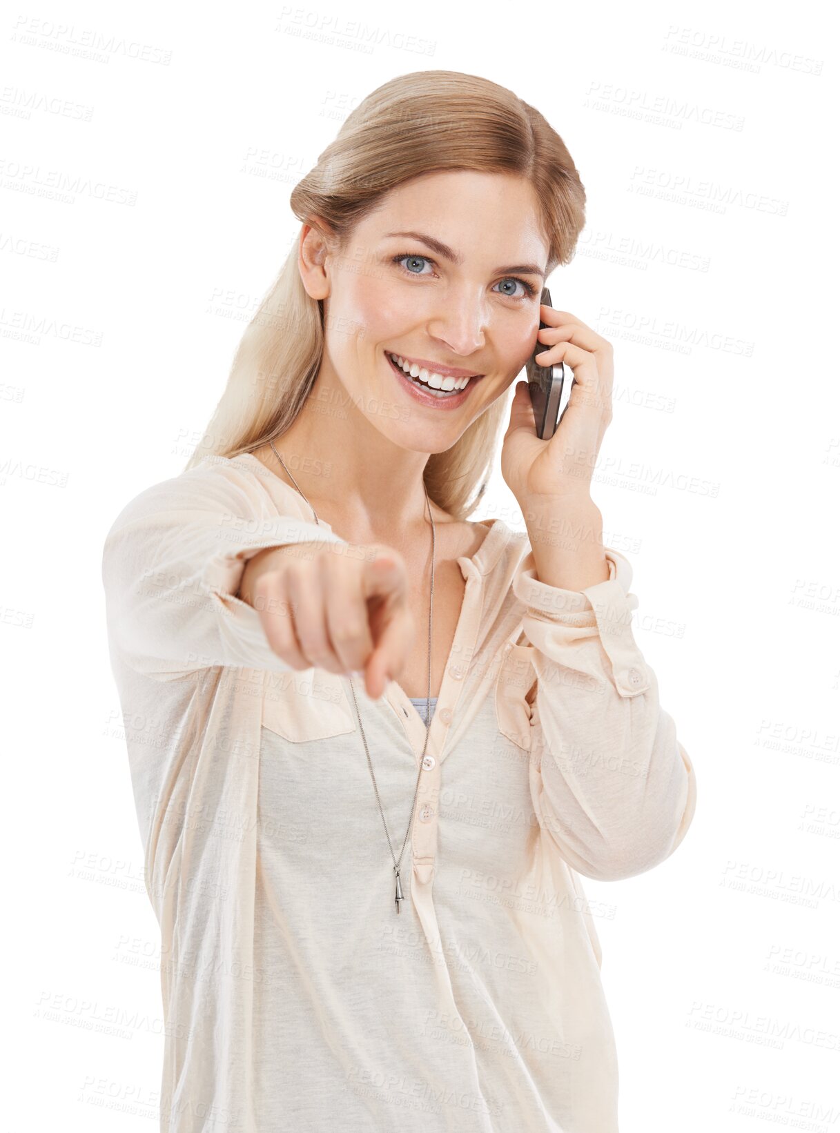 Buy stock photo Woman, phone call and happy in portrait to point at you, choice and isolated by transparent png background. Girl, smartphone and smile for networking, negotiation and deal for recruitment decision