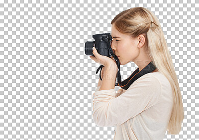 Buy stock photo Profile, photography and woman with a camera, creative and tourism isolated on transparent background. Person, model and photographer with equipment, memory and shooting with png, career or picture