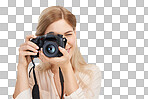 Isolated photographer girl, camera and shooting with smile, creativity and art by transparent png background. Woman, photography and journalist job for newspaper, magazine and paparazzi photoshoot