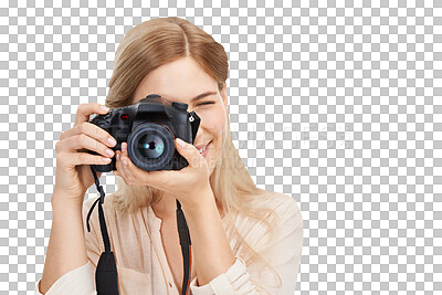 Buy stock photo Isolated photographer girl, camera and shooting with smile, creativity and art by transparent png background. Woman, photography and journalist job for newspaper, magazine and paparazzi photoshoot