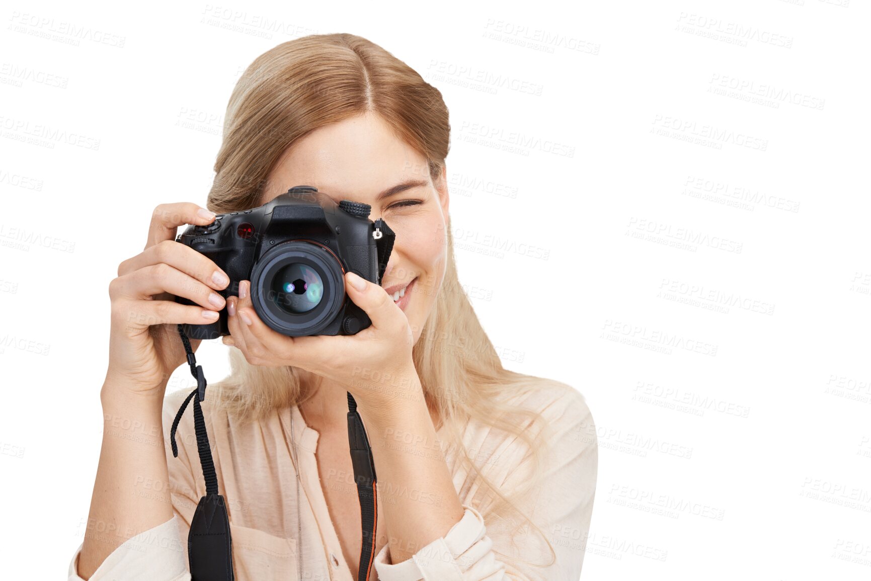 Buy stock photo Isolated photographer girl, camera and shooting with smile, creativity and art by transparent png background. Woman, photography and journalist job for newspaper, magazine and paparazzi photoshoot