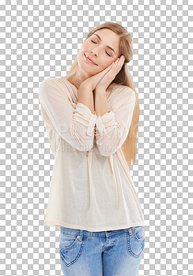 Buy stock photo Woman, hands and sleeping or lazy peace or isolated on transparent png background. Female person, model and tired calm gesture for relax nap or eyes closed for dreaming quiet, rest weekend or fatigue