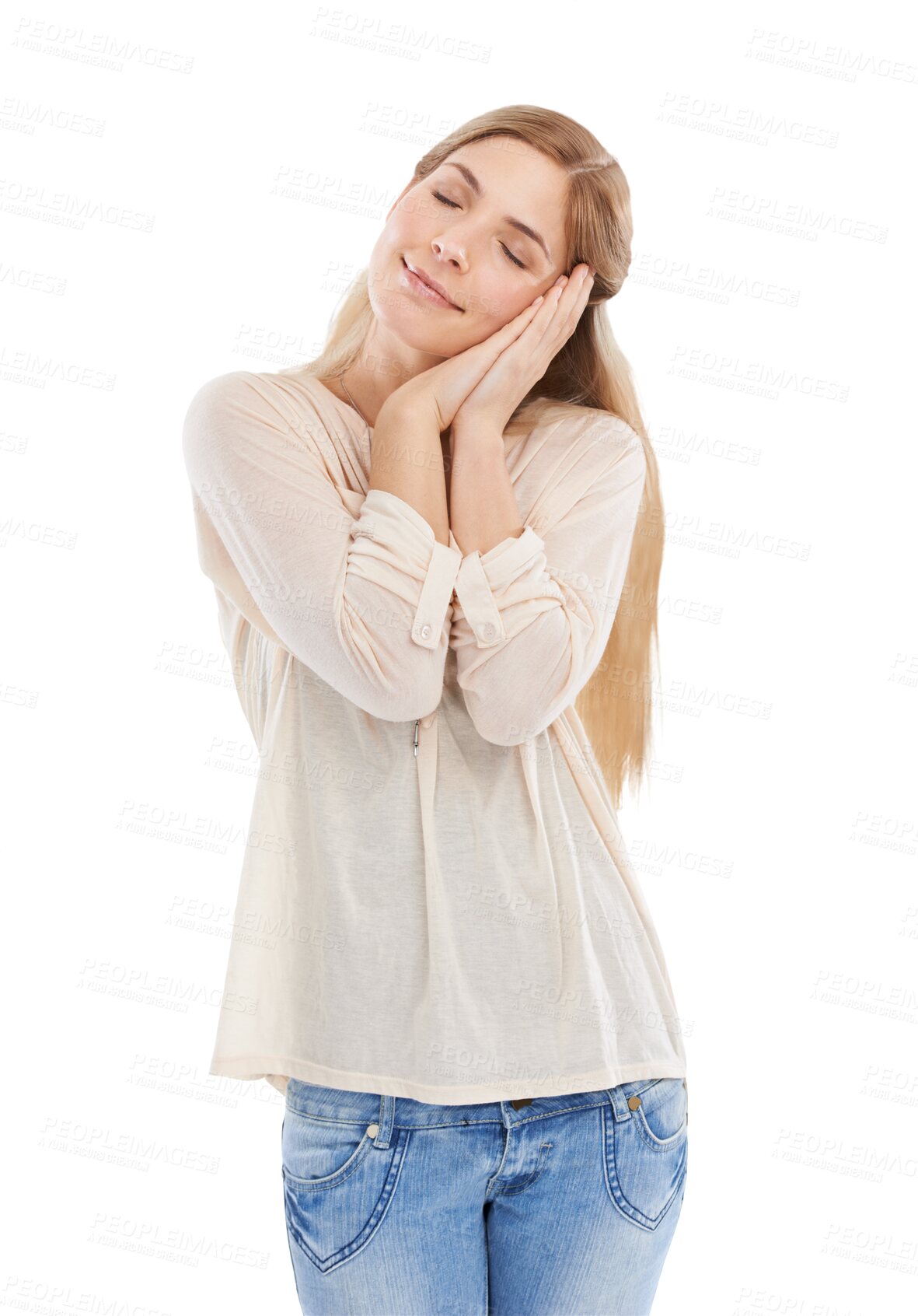 Buy stock photo Woman, hands and sleeping or lazy peace or isolated on transparent png background. Female person, model and tired calm gesture for relax nap or eyes closed for dreaming quiet, rest weekend or fatigue