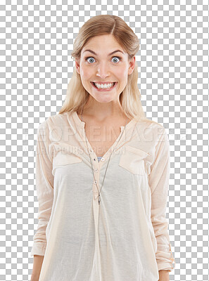 Buy stock photo Portrait, smile or excited and a crazy woman isolated on a transparent background with a funny face. Teeth, silly or goofy and a happy or confident young model on PNG for carefree comedy for humor