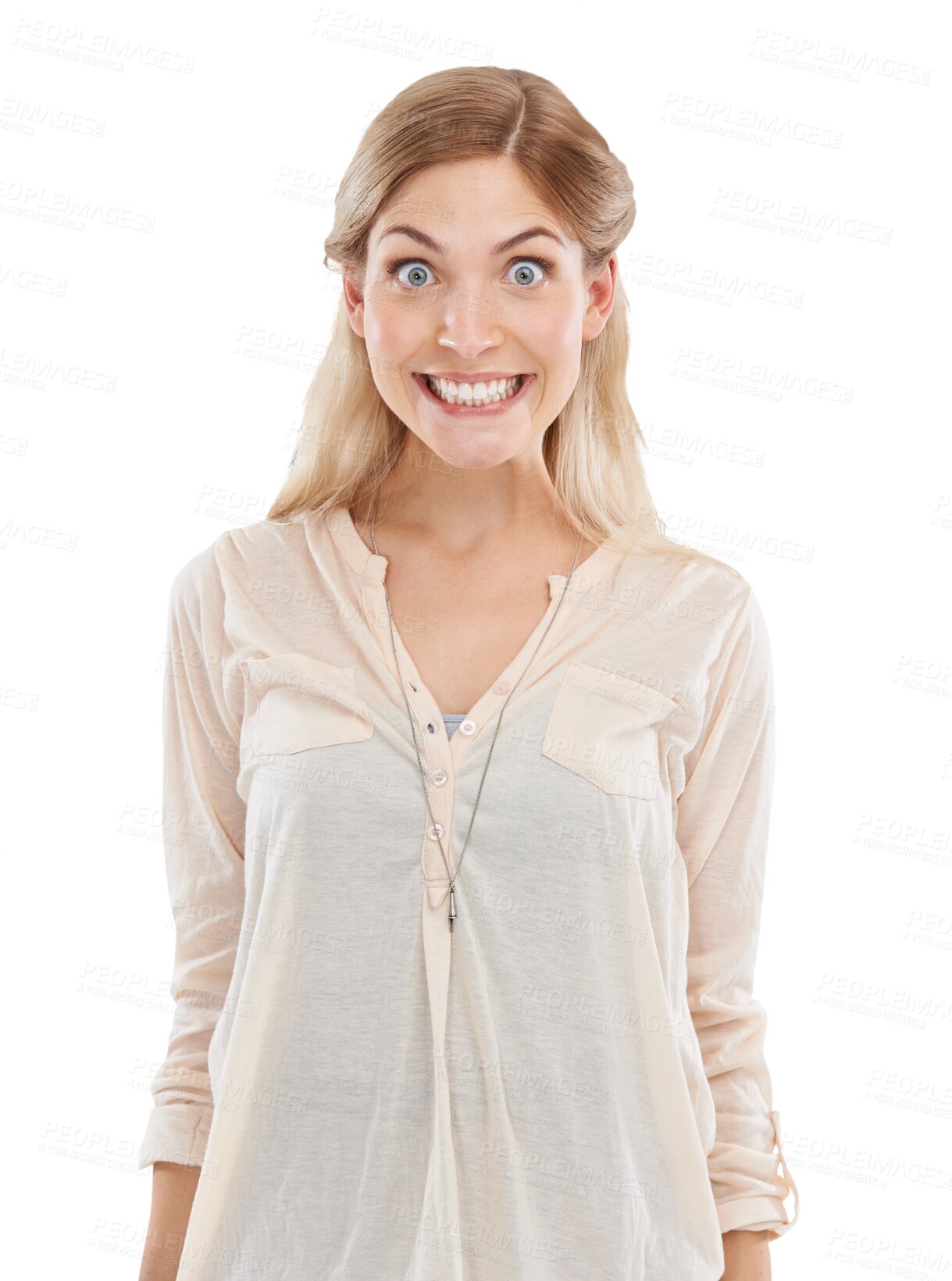 Buy stock photo Portrait, smile or excited and a crazy woman isolated on a transparent background with a funny face. Teeth, silly or goofy and a happy or confident young model on PNG for carefree comedy for humor