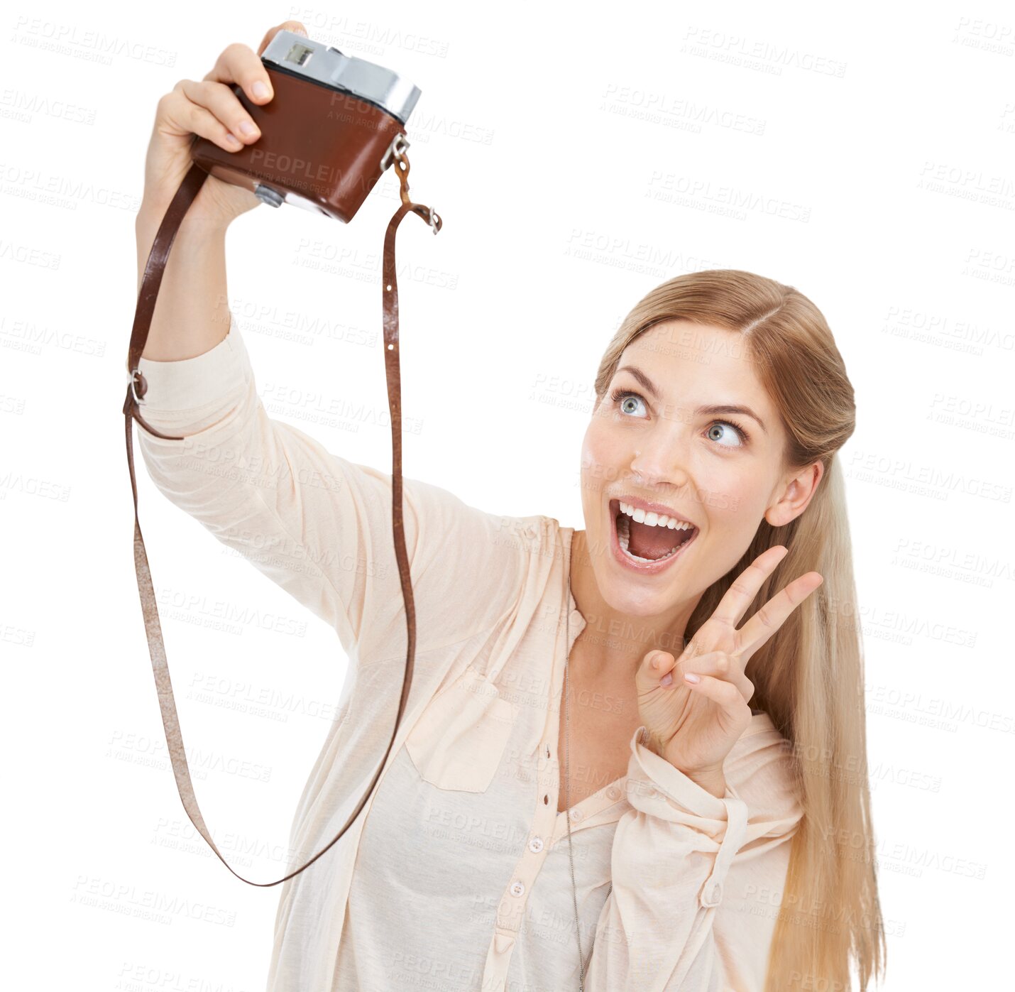 Buy stock photo Camera, woman and selfie with peace sign, excited and photographer isolated on transparent background. Person, tourism or model with travel, v symbol and memory with happiness, photography or png