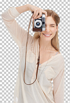 Buy stock photo Portrait, photography and woman with a camera, creative and picture isolated on a transparent background. Person, model and photographer with equipment, career and art with png, happiness and memory