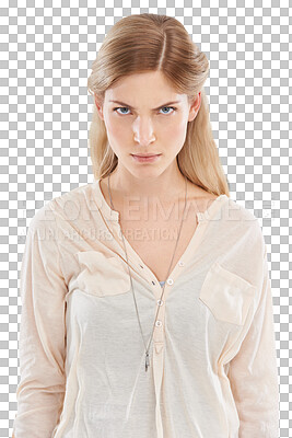 Buy stock photo Woman, angry or upset with frustration in portrait for decision, problem and opinion in Sweden. Female model, emoji or facial expression with rage in pose on isolated or a transparent png background