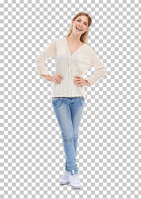 Buy stock photo Portrait, smile and fashion with a natural woman isolated on a transparent background for casual style. Satisfaction, confidence and a full length young model on PNG in a trendy clothes outfit