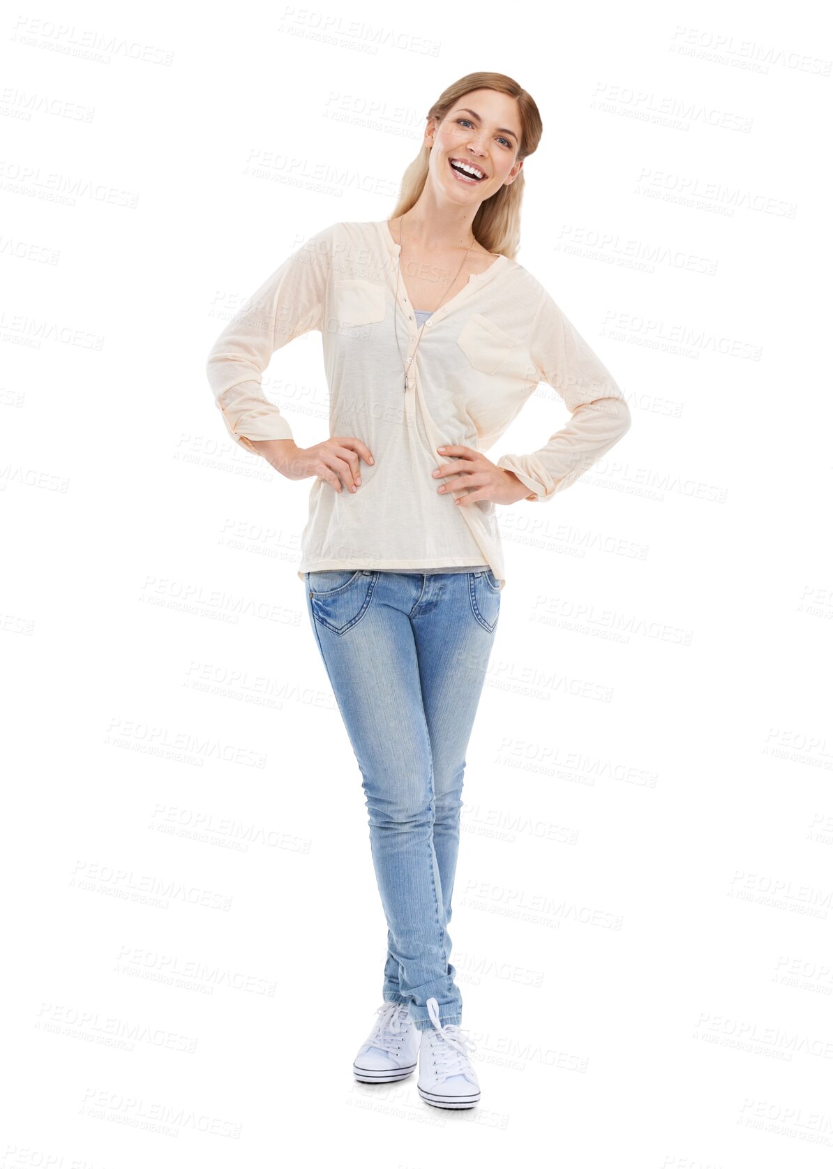 Buy stock photo Portrait, smile and fashion with a natural woman isolated on a transparent background for casual style. Satisfaction, confidence and a full length young model on PNG in a trendy clothes outfit