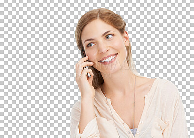 Buy stock photo Phone call, talking and face of woman online for conversation on png and transparent background. Communication, networking and isolated happy person on cellphone for chatting, contact and connection