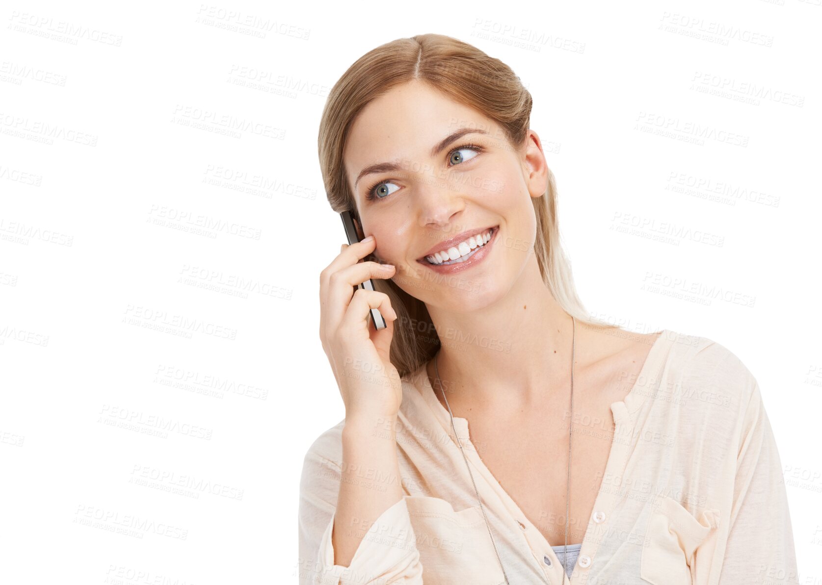 Buy stock photo Phone call, talking and face of woman online for conversation on png and transparent background. Communication, networking and isolated happy person on cellphone for chatting, contact and connection