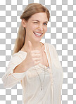 Woman with thumbs up, wink and portrait isolated on transparent png background with fun emoji. Happiness, smile and face of student girl with yes hand gesture in agreement, icon and positive opinion.