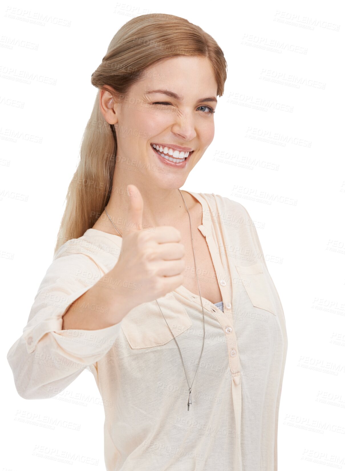 Buy stock photo Woman with thumbs up, wink and portrait isolated on transparent png background with fun emoji. Happiness, smile and face of student girl with yes hand gesture in agreement, icon and positive opinion.