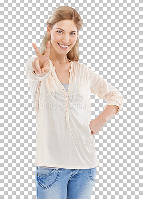 Buy stock photo Happy woman with peace sign, smile and portrait isolated on transparent png background with fun emoji. Pride, vote and face of student girl with v hand gesture in agreement, yes and positive opinion.