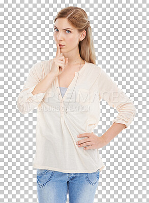 Buy stock photo Isolated woman, portrait and lips for silence, hand sign and secret deal on promo by transparent png background. Girl, finger and mouth with icon, whisper or gossip with quiet voice, news or drama