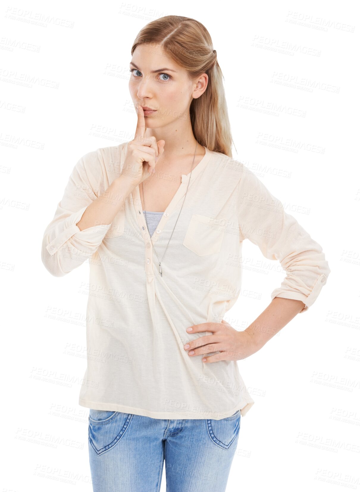 Buy stock photo Isolated woman, portrait and lips for silence, hand sign and secret deal on promo by transparent png background. Girl, finger and mouth with icon, whisper or gossip with quiet voice, news or drama