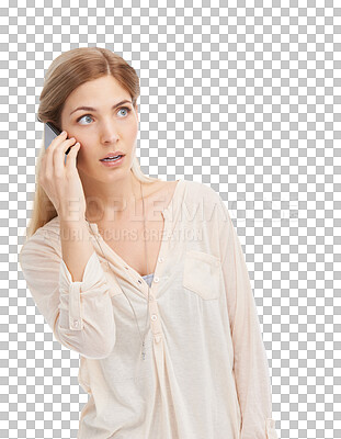 Buy stock photo Isolated woman, thinking and confused on phone call with conversation by transparent png background. Girl, scared and smartphone with shock, anxiety and questions for contact on mobile network