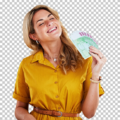 Smile, rich and woman with cash, winning and wealthy lady against a studio background. Female person, happy model or winner with money, happiness or excited for finance bonus or competition giveaway