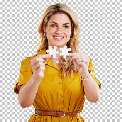 Portrait, puzzle and woman in studio for problem solving, solution and innovation against yellow background. Jigsaw, mission and face of female smile for answer, strategy and creative brainstorming