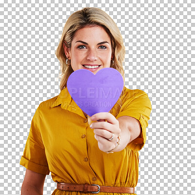 Portrait, cut out heart and woman with support, smile and wellness against a studio background. Face, female person and model with a symbol for love, paper and sign with happiness, romance and loving