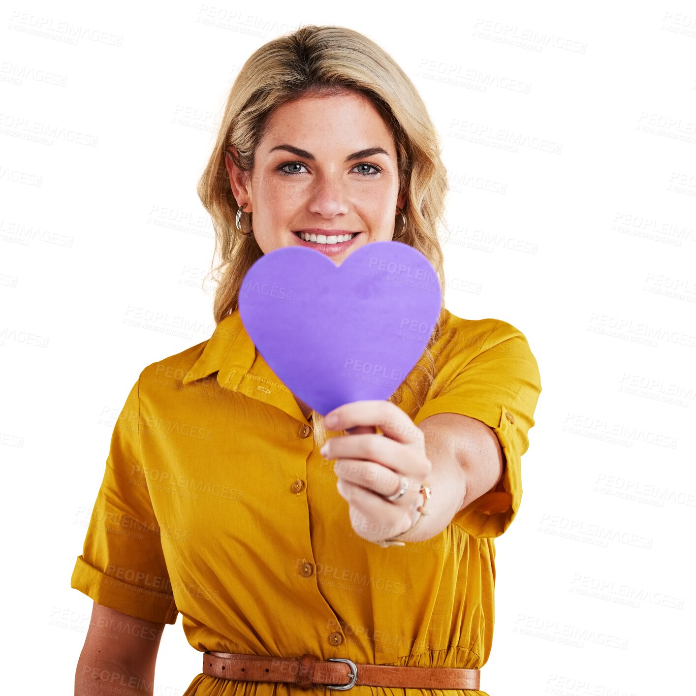 Buy stock photo Love, heart and portrait of young woman with support, smile and positive attitude for romance. Face, female person and model with emoji for emotion and romantic isolated by transparent png background