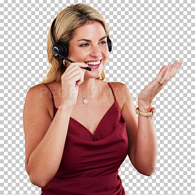 Woman, call center and happy for talk on microphone for technical support, question and consulting by background. Girl, consultant and telemarketing with customer service, help desk or crm on voip