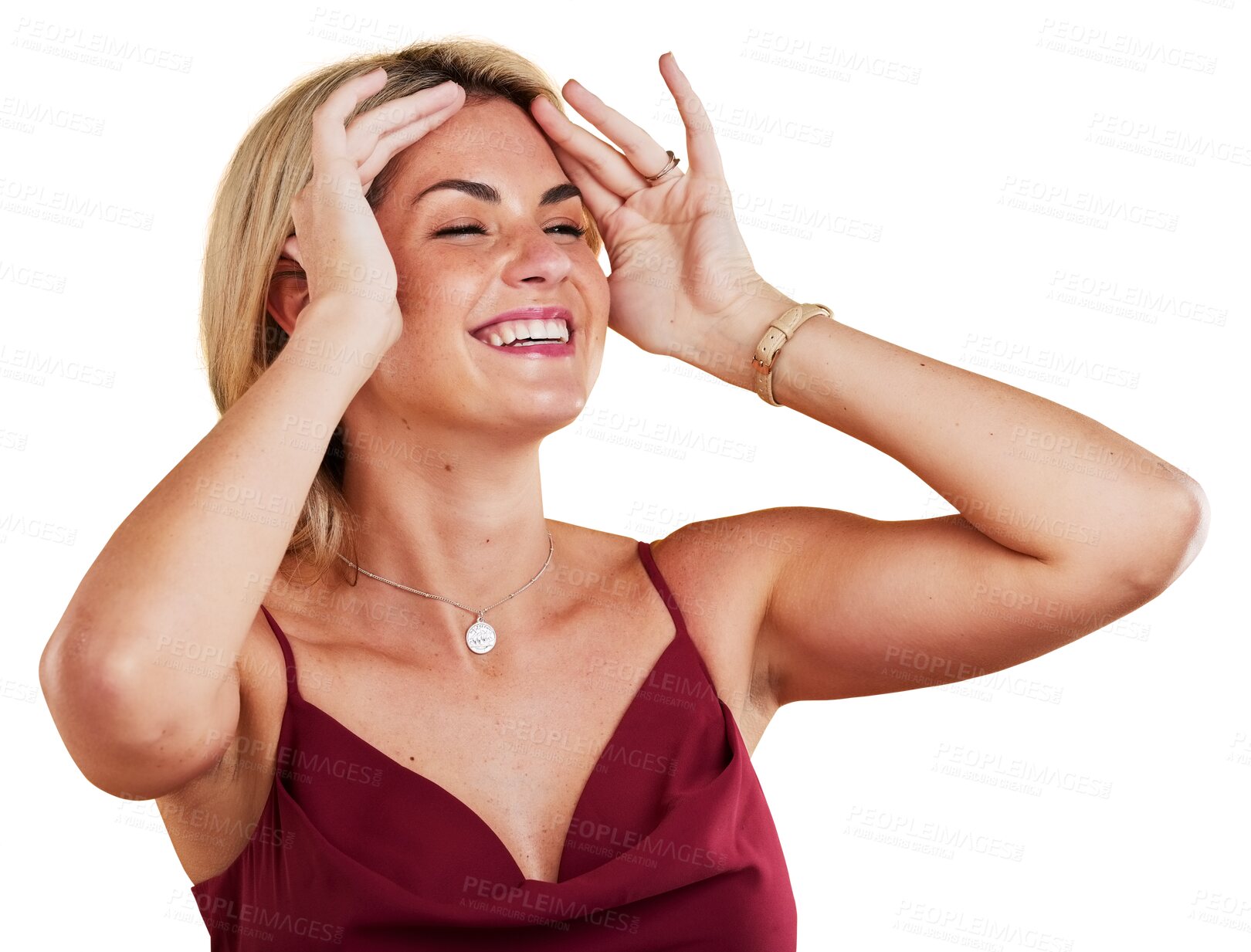 Buy stock photo Fashion, beauty and woman laughing, smile and elegant dress isolated on a transparent background. Person, cosmetics and model with trendy clothes, png or aesthetic makeup with a stylish outfit