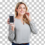 Happy woman, phone and mockup screen for advertising, marketing or app against a white studio background. Portrait of female smile showing mobile smartphone display for advertisement or copy space