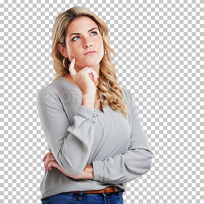 Buy stock photo Thinking, idea and business woman with planning, solution or brainstorming on isolated, transparent or png background. Why, emoji and female entrepreneur with questions, guess or forget, ask or doubt