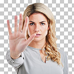 Stop hand, woman and portrait in a studio with protest, emoji and warning hands gesture. Serious, self defense and female model with reject, refuse and no palm sign isolated with white background