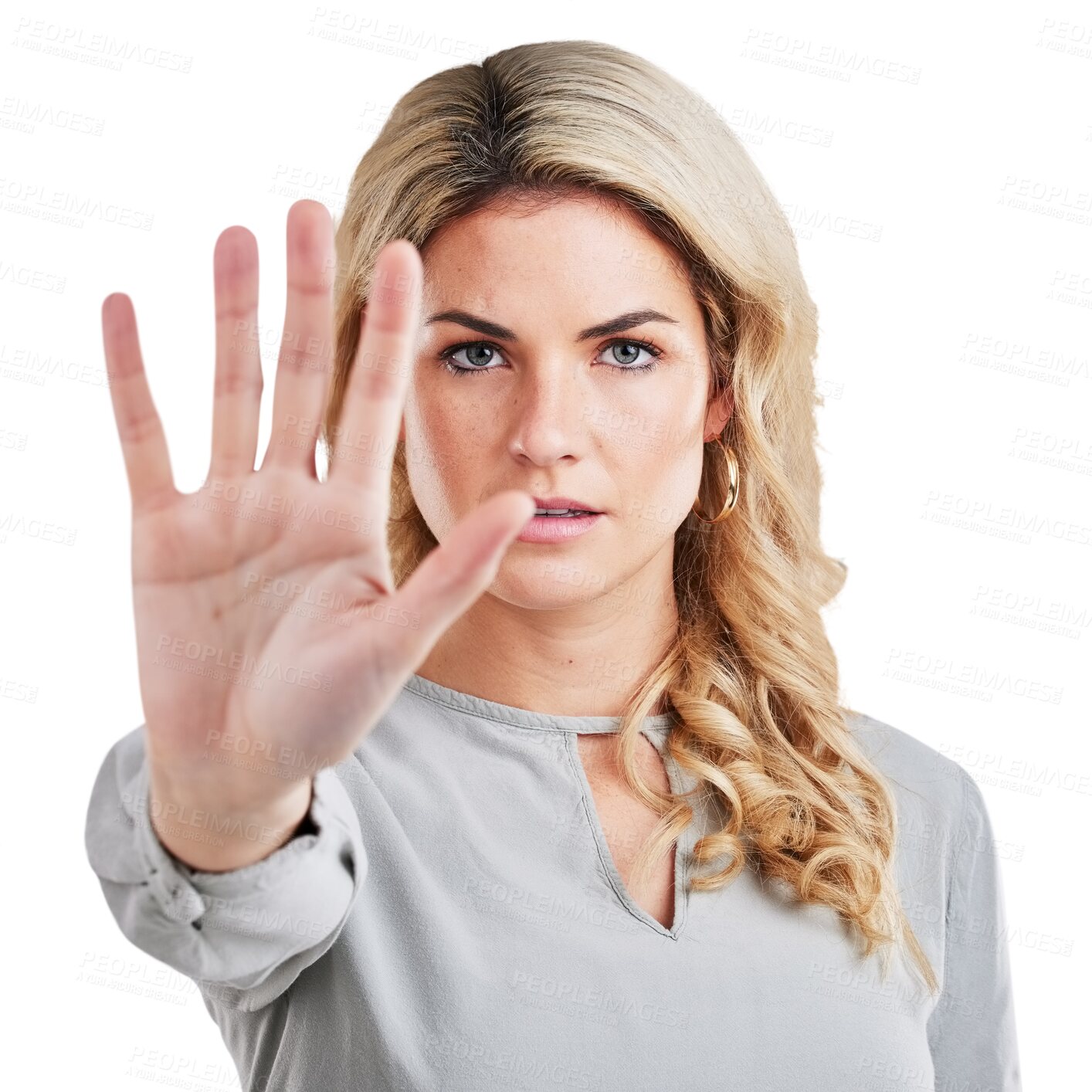 Buy stock photo Stop, hand and portrait of woman with emoji warning, threat or limit control on isolated, transparent or png background. Palm, protest and face of female model with no sign, not allowed or rejection