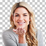 Portrait, love and blowing a kiss with a woman in studio on a gray background for romance or affection. Face, hand gesture and kissing with an attractive young person smiling on valentines day