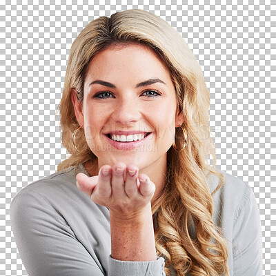 Buy stock photo Portrait, love and blow kiss with happy woman for romance, care and kindness with affection. Face, hand gesture and young model with smile for relax date and isolated on transparent png background 