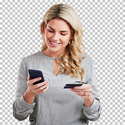 Happy woman, phone and credit card for ecommerce, online shopping or payment against a white studio background. Female shopper buying on mobile smartphone app with smile for purchase or transaction