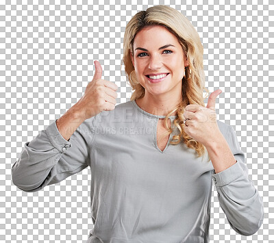 Portrait, thumbs up and motivation with a woman on a gray background in studio to say thank you. Face, hands and welcome with an attractive young female indoor to gesture an emoji of support