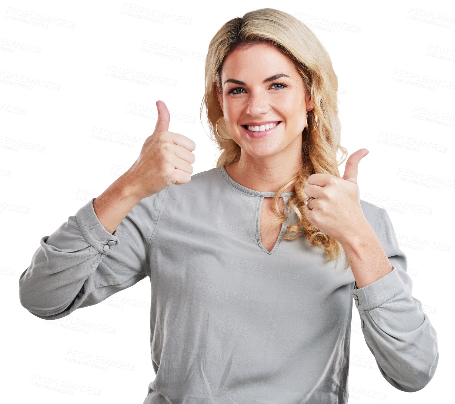 Buy stock photo Smile, portrait and woman with thumbs up agreement, sign or vote on isolated, transparent or png background. Thank you, emoji and face of model with support, hands or motivation, feedback or success