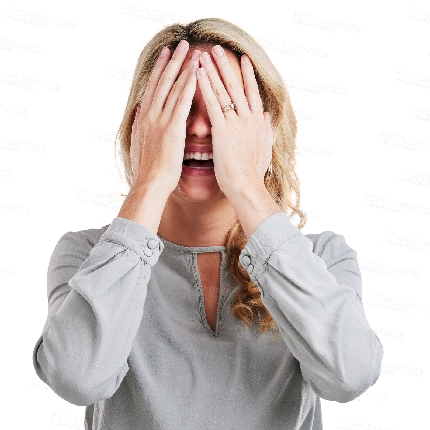 Buy stock photo Hands, face and happy shy woman laughing on isolated, transparent and png background with funny, goofy or humor. Smile, hide and lady model with reaction to comic, joke or comedy, cover or expression