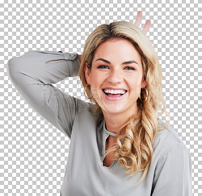 Happy, peace sign and portrait of business woman on white background with happiness, smile and gesture. Corporate worker, emoji and face of female person with confidence, pride and excited in studio