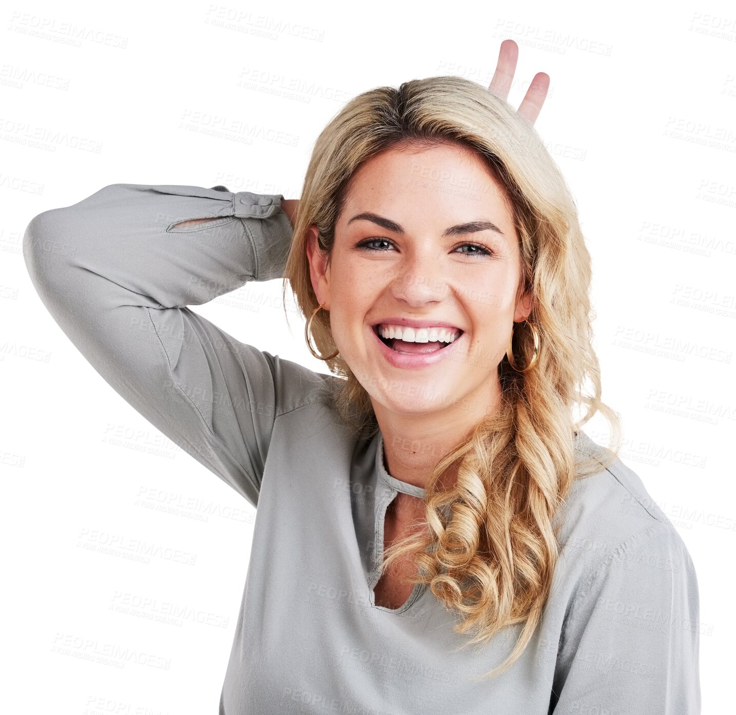 Buy stock photo Peace, hands and portrait of happy woman with silly personality on isolated, transparent and png background. Face, smile and playful female model with bunny ears emoji, gesture or fun quirky mood