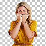 Portrait, shy and woman with fist on face in studio isolated on a yellow background. Female person, introvert and covering mouth with hands, peek and hiding, secret and embarrassed with gossip.