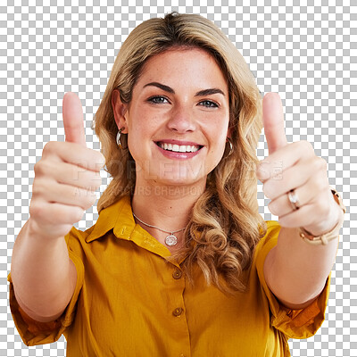 Portrait, thumbs up and motivation with a woman on a yellow background in studio to say thank you. Face, hands and welcome with an attractive young female indoor to gesture an emoji of support