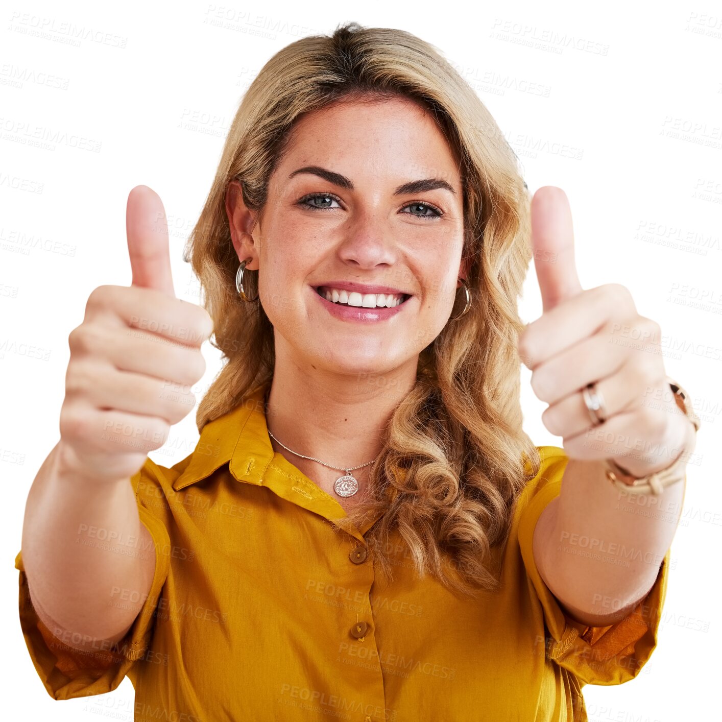 Buy stock photo Portrait, smile and woman with thumbs up emoji, sign or vote on isolated, transparent or png background. Thank you, agreement and face of model with support, hands or motivation, feedback or success