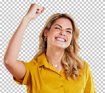 Buy stock photo Excited Woman, fist pump and celebration for winning, bonus or promotion isolated on a transparent PNG background. Happy female person smile for achievement, prize or good deal and news in success