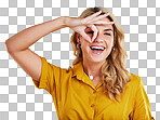 Portrait, happy woman and okay on eyes for good review,  motivation and sign on yellow background. Female person, funny face and ok hands for agreement, support and yes to emoji, thank you or winning