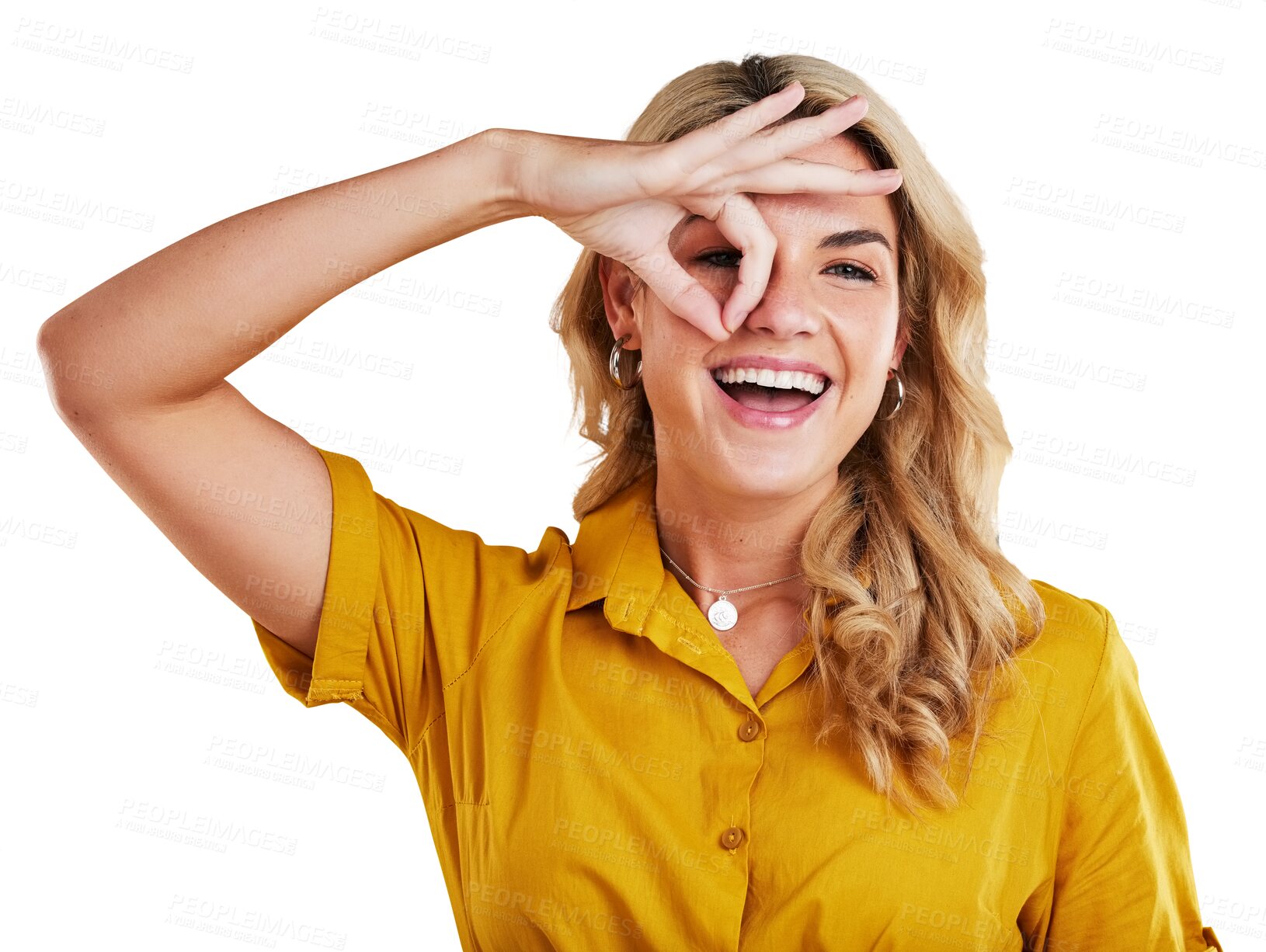 Buy stock photo Portrait, smile and funny face with the hand of a woman in a fashion outfit isolated on a transparent background. Face, happy and hand gesture with a trendy young person in a clothes outfit on PNG