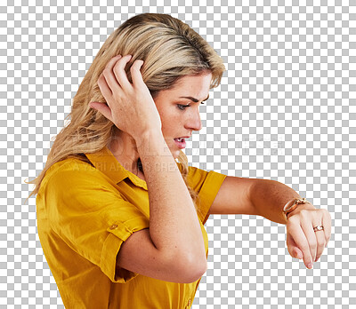 Buy stock photo Wristwatch, late and woman check time with stress, shock and panic on isolated transparent png background. Face, surprise and expression for anxiety, confused and anxious for waiting, scared and hand