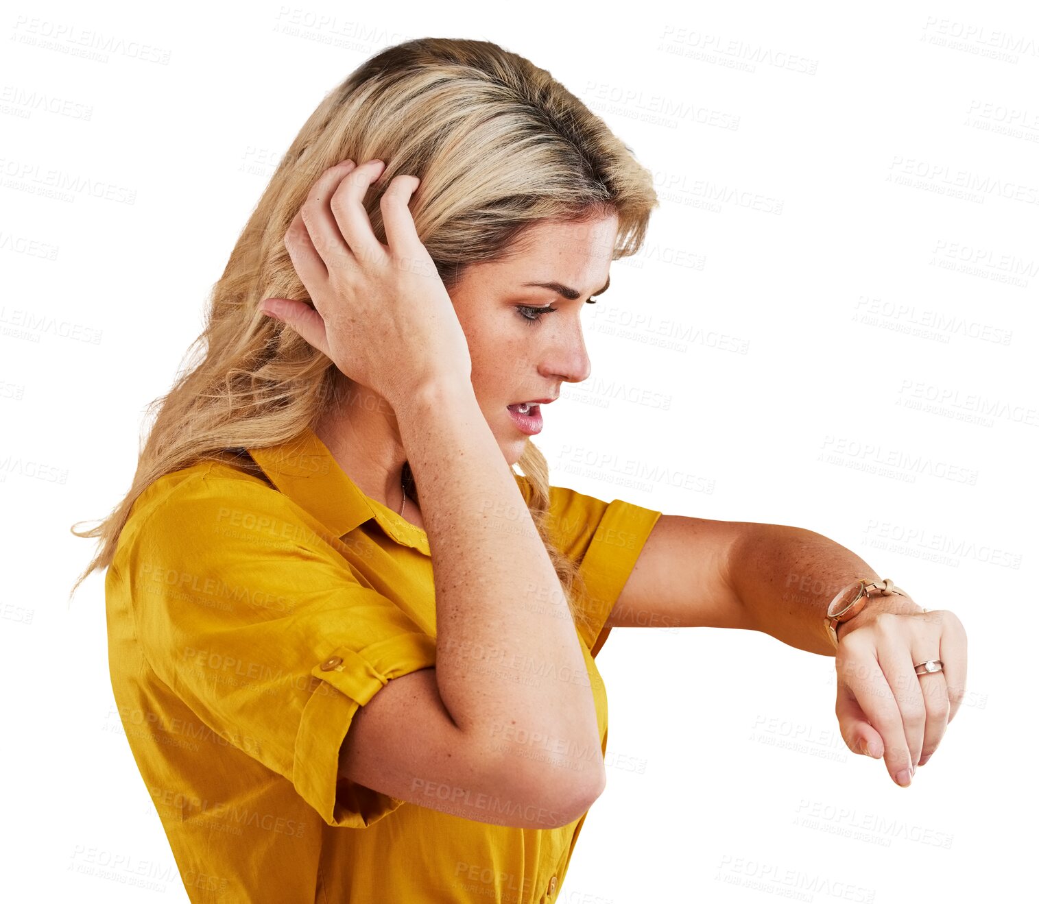 Buy stock photo Wristwatch, late and woman check time with stress, shock and panic on isolated transparent png background. Face, surprise and expression for anxiety, confused and anxious for waiting, scared and hand