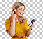 Music, phone and happy woman in studio with earphones for audio track on yellow background. Radio, relax and female online for podcast, playlist and streaming, phone call and subscription isolated