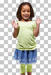 African, child and happy portrait with surprise, celebration or excited in transparent, isolated or png background. Shocked, girl and wow emoji with clothes, fashion and creative style for kids 